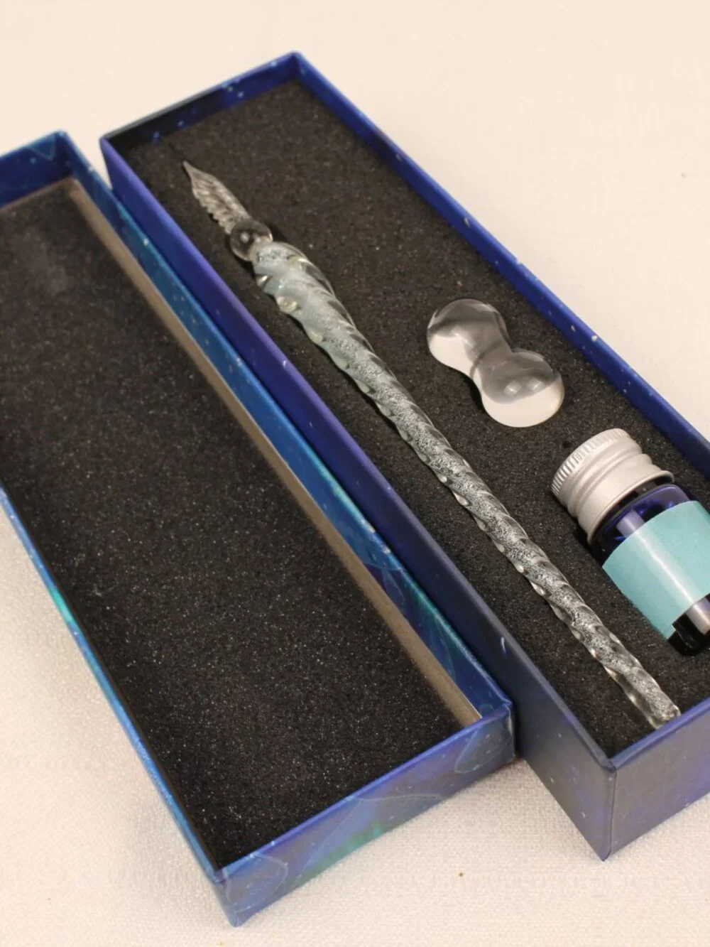 Crystal Glass Dip Pen Set Calligraphy Writing Art Ink Bottle Holder Gift Box Blu